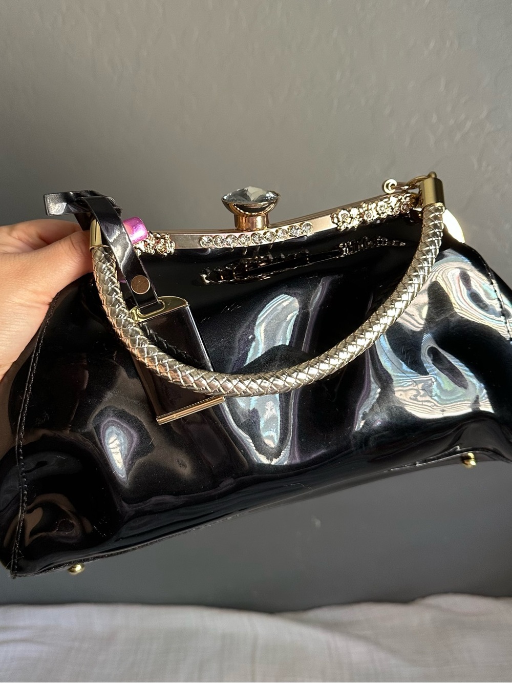 Black Patent Frame-Top Evening Bag with Crystal Accent
